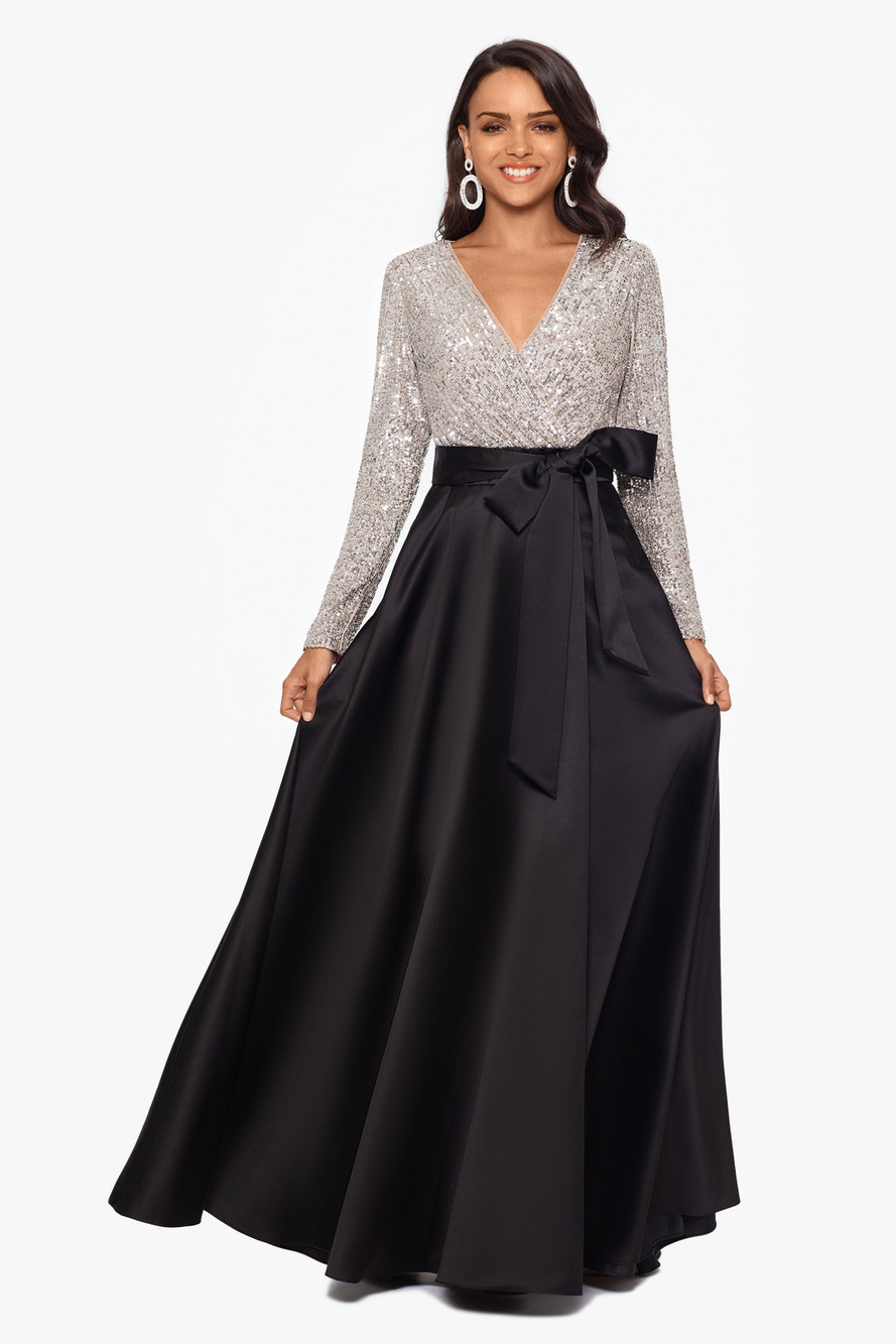 Xscape "Dixie" V-Neck Long Sleeve Sequin Top Waistband with Bow Gown Black 10